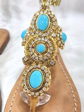 Mystique sandals faux turquoise size 6 gold leather jeweled